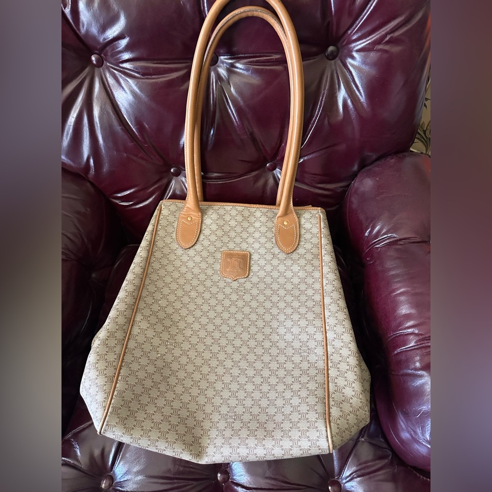 CELINE Vintage Macadam Canvas big Tote Bag PVC Beige Gold